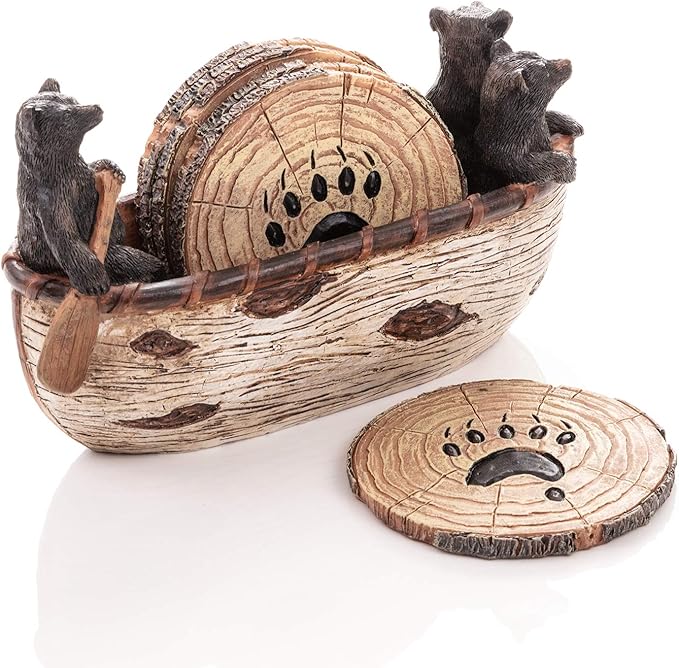 Bear Coasters - Set of 6 Full Size Rustic Coasters in Handmade Canoe - Log - Image 8