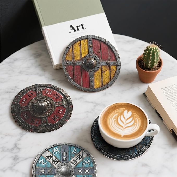 Viking Shield Coasters Leather Round Drink Coasters 6 Pcs Set - Image 6