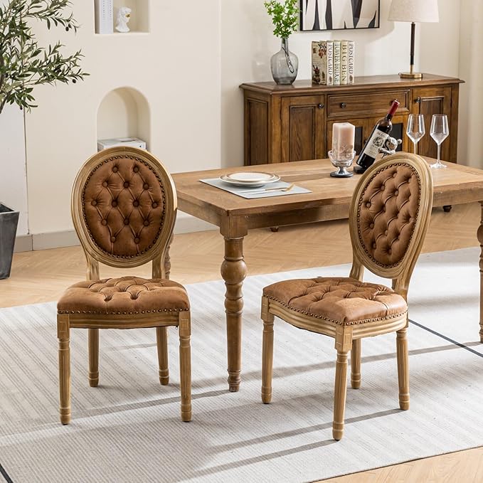 Vintage French Dining Chairs Set of 2, Round Back PU Leather Upholstered Accent Chairs with Nailhead Trim and Solid Wood Frame, Farmhouse Sillas de Comedor for Dining Room & Kitchen, Whiskey Brown