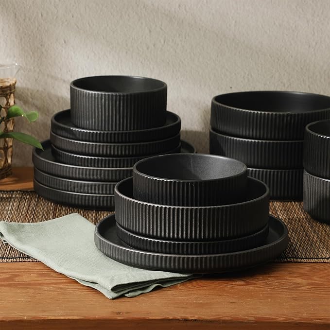 Gibson Elite Deerfield 16-Piece Stoneware Dinnerware Set – Matte Black Reactive - Image 7