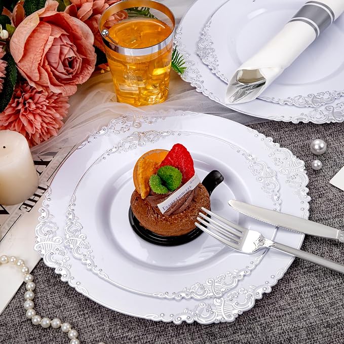 210 Pcs White Silver Plates for Party | White Party Plates Set for 30 Guests - Image 9