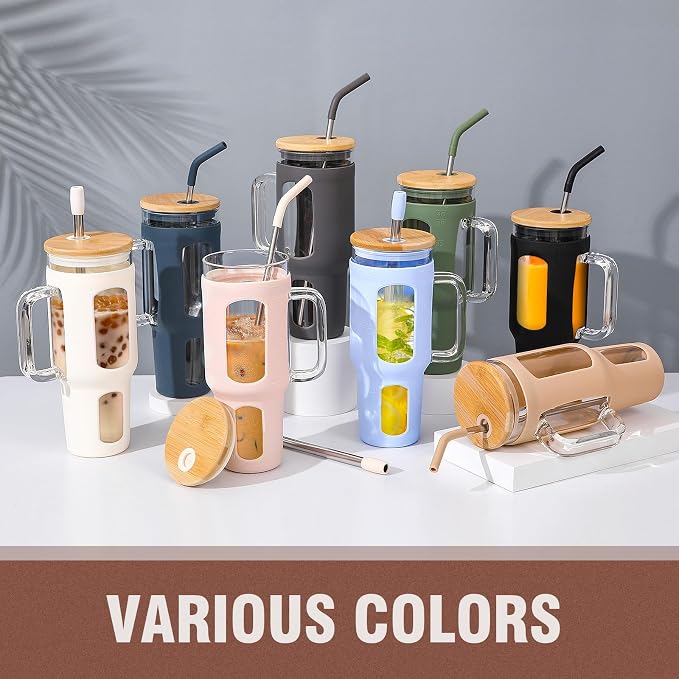 WINSA Glass Tumbler with Lid and Straw, 46 oz, Amber | Iced Coffee Cup with - Image 7