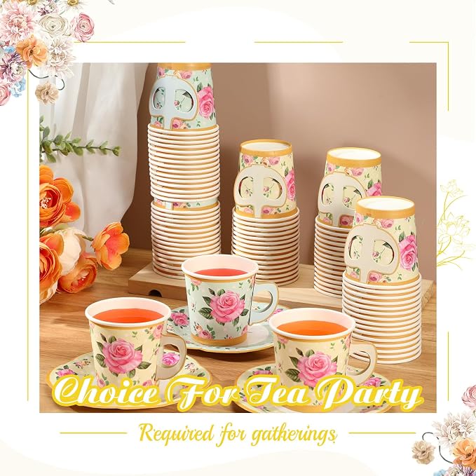 Umigy 60 Sets Floral Tea Party Decorations 6.5 oz Floral Paper Teacups & Saucer - Image 6