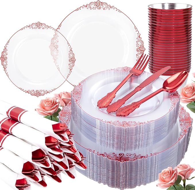 350 Pcs Clear Red Plates for Party | Red Party Plates Set for 50 Guests - Image 8