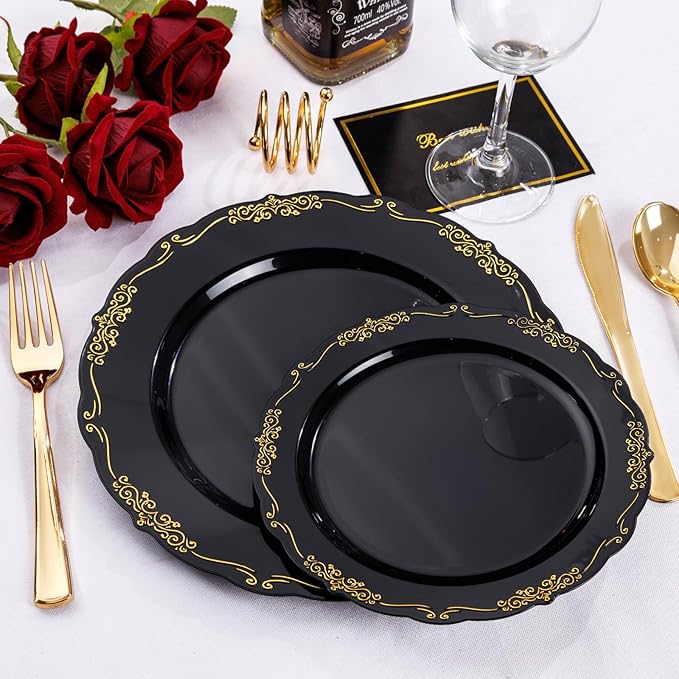 U-QE 100PCS Black and Gold Plastic Plates - Image 9