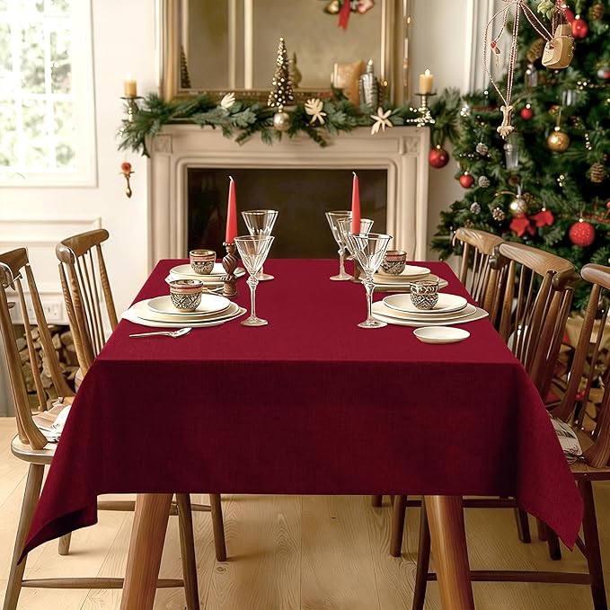 Hiasan Faux Linen Rectangle Tablecloth - Wrinkle and Stain Resistant Washable Table Cloth for Kitchen Dining Room Holiday Table Cover for Dinner, Red, 60 x 120 Inch