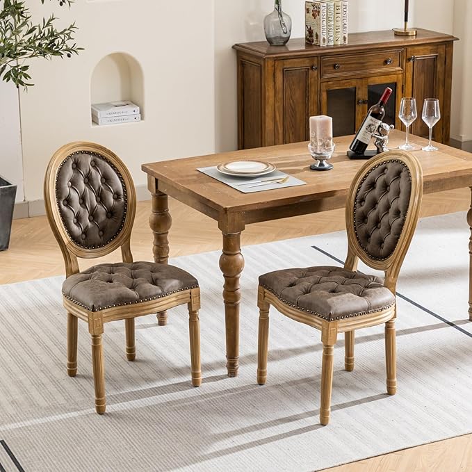 Vintage French Dining Chairs Set of 8, Round Back PU Leather Upholstered Accent Chairs with Nailhead Trim and Solid Wood Frame, Farmhouse Sillas de Comedor for Dining Room & Kitchen, Distressed Brown