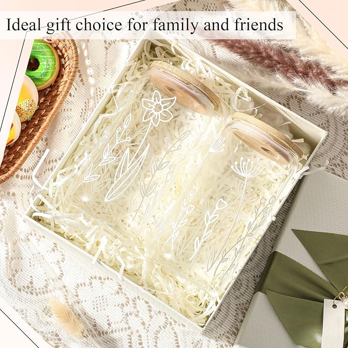 Mumufy 2 Pack Glass Cups Gift Aesthetic Cute Glass Cup Tumbler Flower Iced - Image 6