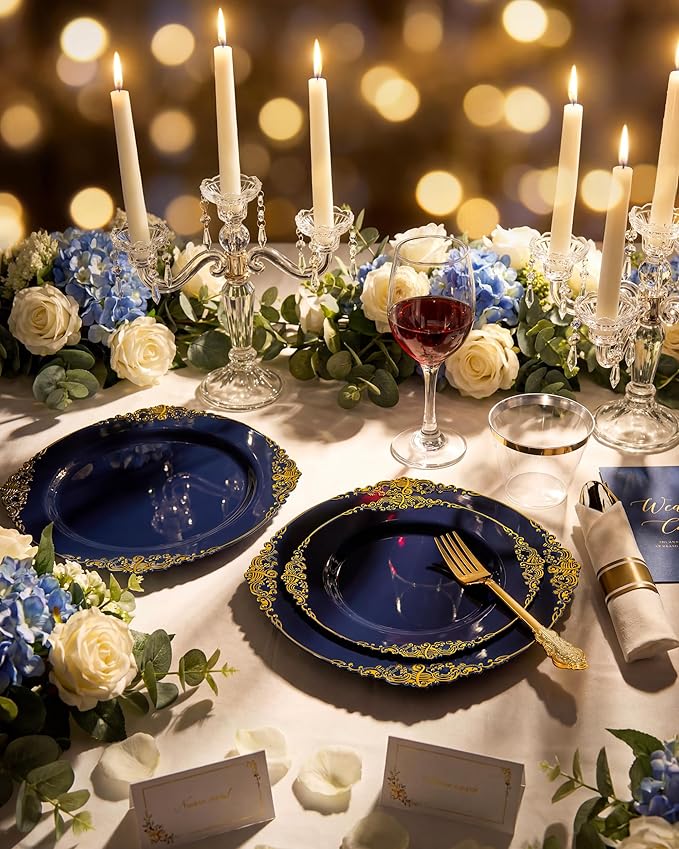 Nervure 350Pcs Blue Plastic Plates, Disposable Dinnerware Set - Image 9