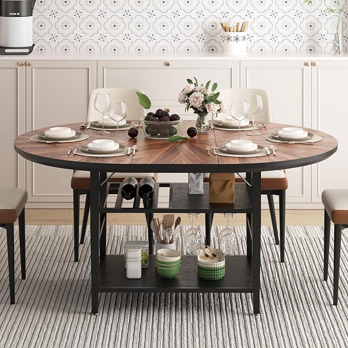 VFK 47.2"-63" Extendable Round Dining Table Set for 4–6, Solid Wood & Metal Table with Wine Rack Storage Shelf, Walnut Kitchen Furniture with 6 Upholstered Chairs (Storage Table and 6 Brown Chairs)