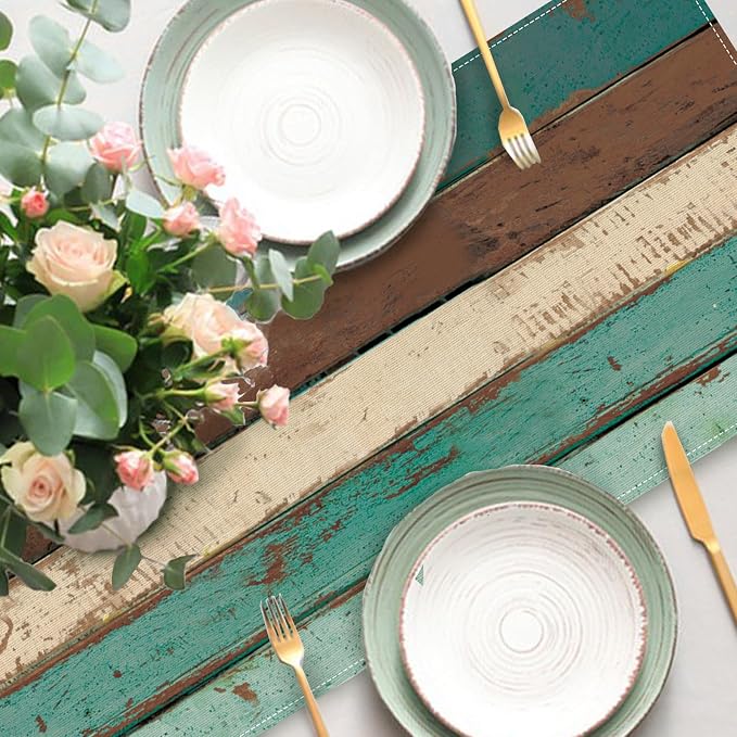 Vintage Farmhouse Wood Texture Dining Table Runner, Retro Rustic Teal | Brown - Image 6