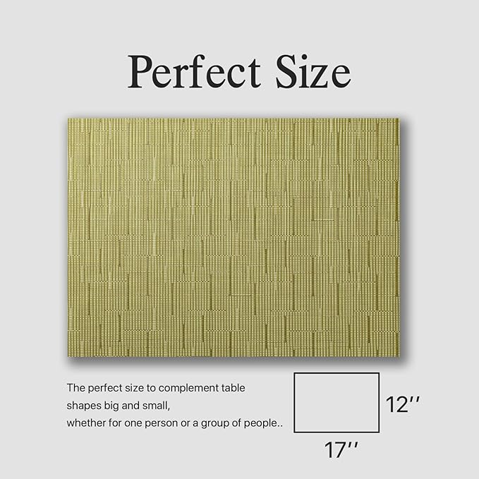 Placemats Set of 6 - Easy Clean Woven Vinyl Placemats for Dining Table, Indoor/Outdoor Place Mats, Washable PVC Table Mats (Pea Green)