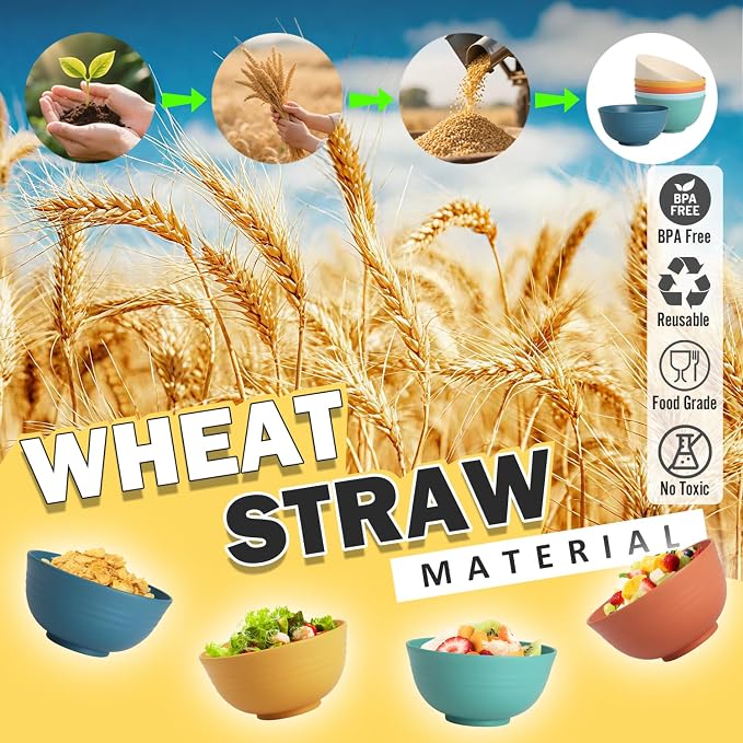 Wheat Straw Bowls, 26 OZ Cereal Bowls Set of 6, Unbreakable Salad and Soup Bowls - Image 7
