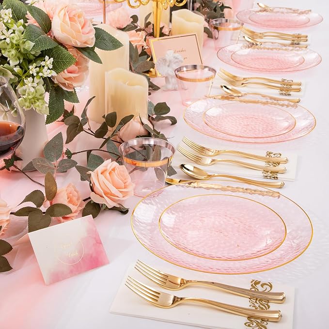 Rubtlamp 175 Pcs Pink Plastic Plates Dinnerware Set, Hammered Party Platos Set - Image 8