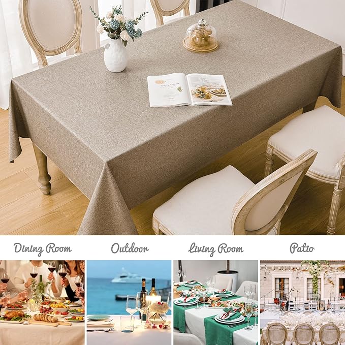 2 Pack Rectangle Tablecloth, 60x84 inch, Water Resistant Wrinkle Free Linen Textured Table Cloth Washable, Decorative Fabric Table Cover for Dining, Party and Camping, Mocha