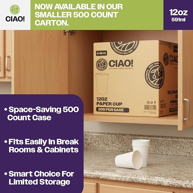 CIAO! 12oz White Paper Hot Cup, Disposable, 90mm Diameter 500 Count - Image 7