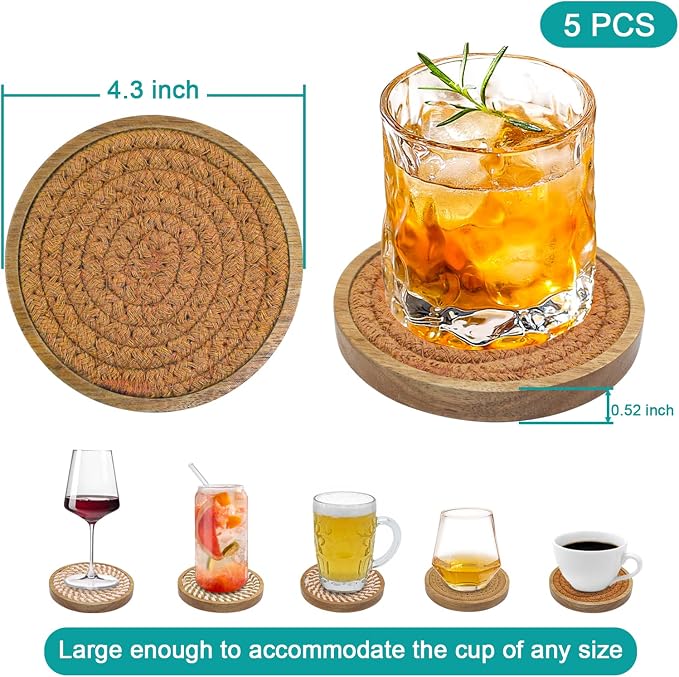 Eykao 5 Pack Coasters for Drinks Absorbent, 4.3 inches Cork Coasters for Coffee - Image 6