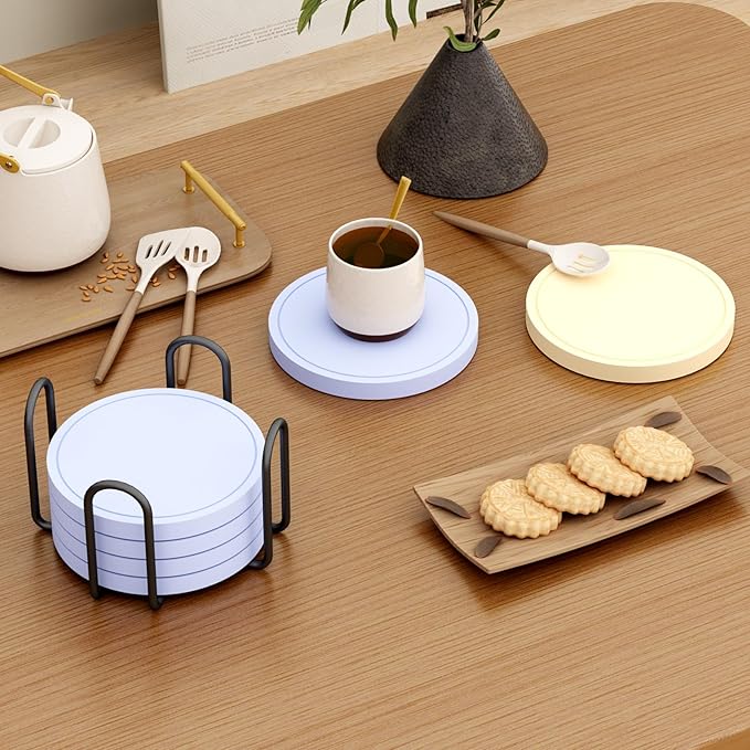 Azhou 6Pcs Drink Coaster with Holder, Baby Blue Absorbent Coasters - Image 6