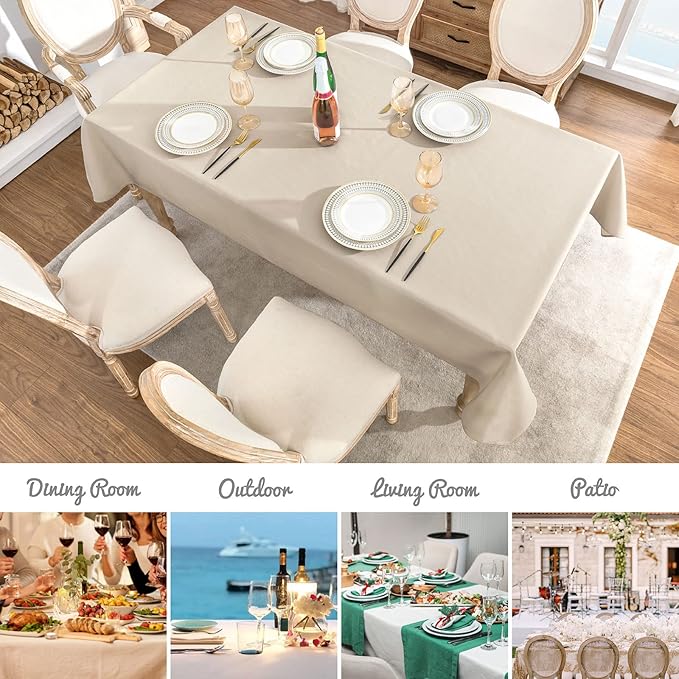 2 Pack Rectangle Tablecloth, 52x70 inch, Water Resistant Wrinkle Free Linen Textured Table Cloth Washable, Decorative Fabric Table Cover for Dining, Party and Camping, Beige