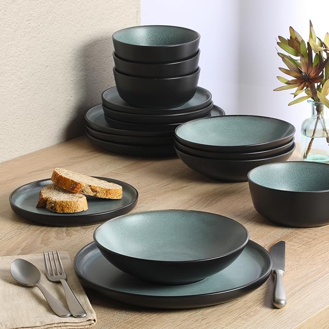 Gibson Elite Tribeca Loft 16-Piece Dinnerware Set – Matte Black and Green - Image 7