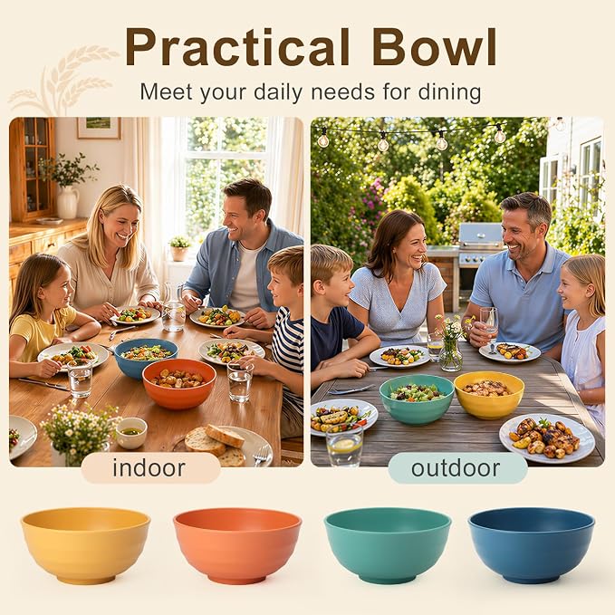 Wheat Straw Bowls 60oz, Unbreakable Ramen Bowl Set of 8, Large Plastic Bowls - Image 7