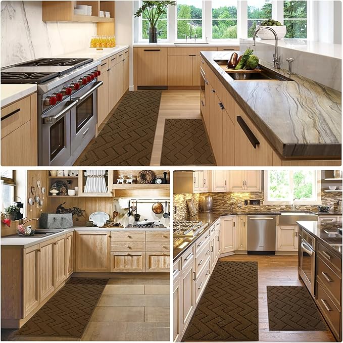 hicorfe Kitchen Rugs and Mats Sets,2 Pieces Super Absorbent Polypropylene Non-Slip Rug,Soft Comfort Floor Mat,Washable for Kitchen,Hallway,Office,Sink,Laundry(24" x 35"+24" x 71",Dark Brown)