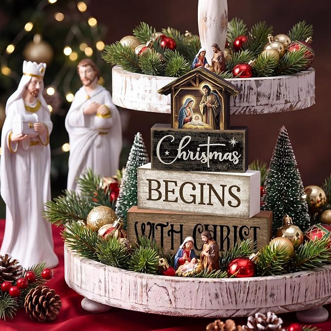 Moucuny 4 Pcs Christmas Table Decoration Christian Wooden Stacked Block Decor - Image 7