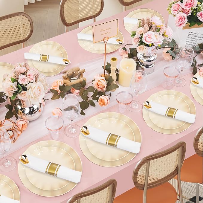 LIYH 50 Pcs Beige Plastic Plates Reusable Unbreakable Dinner Plates Scalloped - Image 7