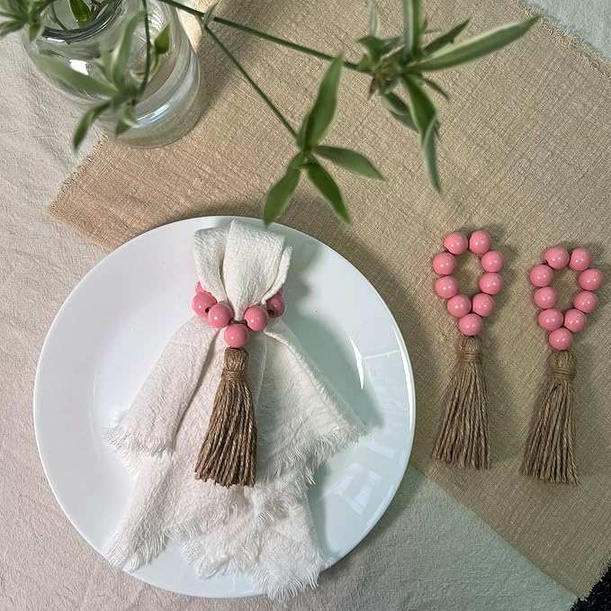 Napkin Rings Set of 12, Wooden Bead Elastic Tassel Napkin Ring | Tassel Napkin - Image 5