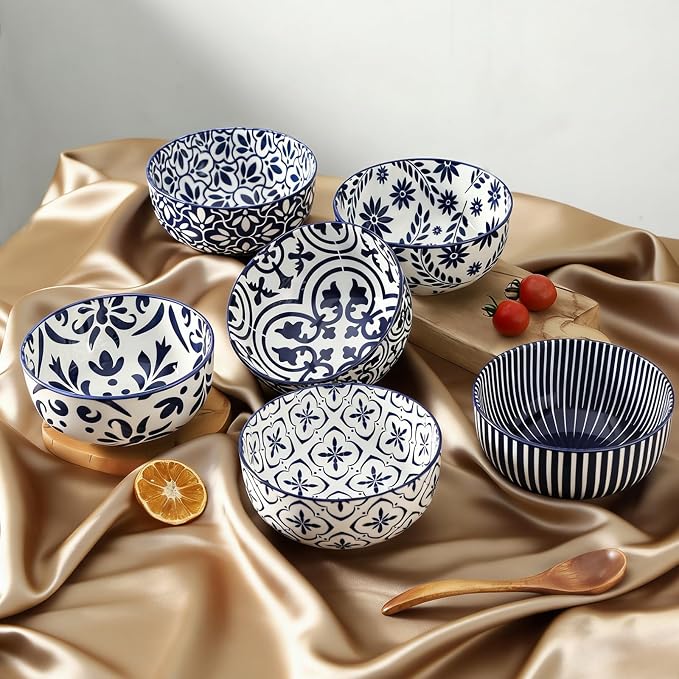 glowworm Cereal Bowls Set of 6, 26 Oz Soup Bowls, Bohemian Blue & White | - Image 9