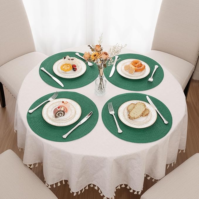 SHACOS Dark Green Round Placemats Set of 6 Cotton Polyester Braided 15 inch - Image 9