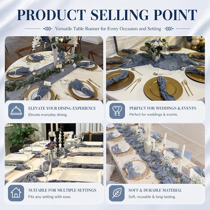12 Pack Dusty Blue Cheesecloth Table Runner 17x108 Inch Boho Rustic Semi Sheer - Image 7