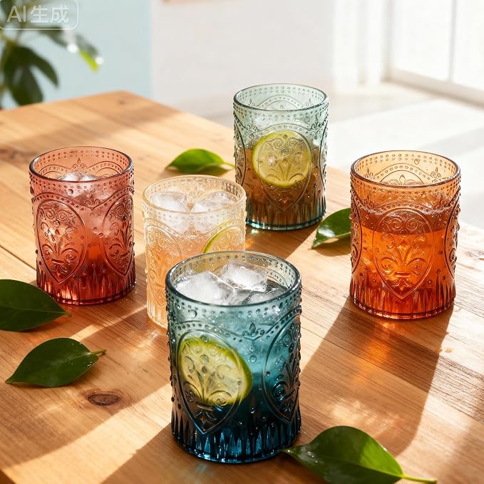 Qinyoung 24 Plastic Vintage Drinking Glasses 8.5oz Stemless Retro Embossed Wine - Image 6
