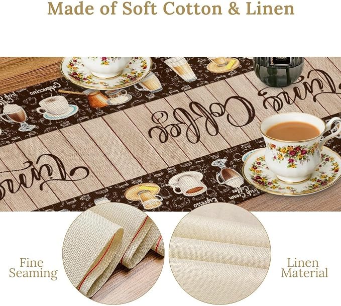 Coffee Time Table Runner, Retro Farmhouse Cafe Cup Tea Coffee Theme Wooden - Image 6