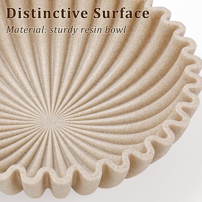LIN CHUAN Ruffle Decorative Bowl, Large Fruit Bowl, Artificial Stone Beige | - Image 9