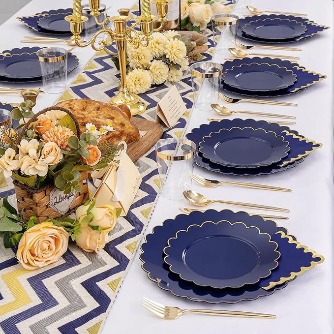 LIYH 210pcs Navy Blue & Gold Scalloped Plastic Plates, Premium Dinnerware | - Image 8