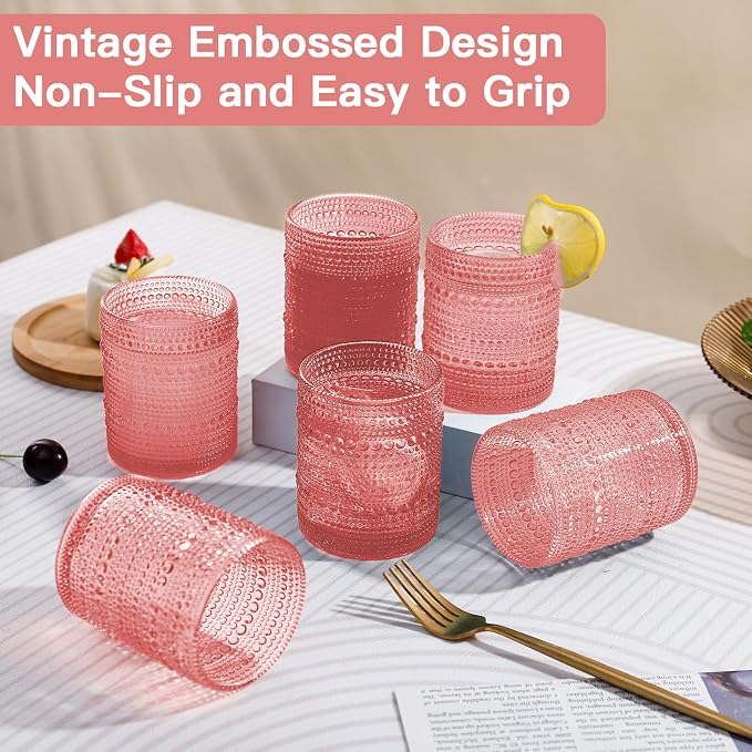 JOVGANK Pink Vintage Hobnail Drinking Glasses Set of 6, Embossed Water Tumbler - Image 6
