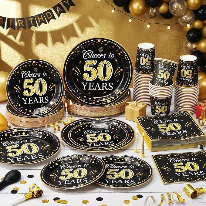 Pickmesh 250 Pcs 50th Birthday Party Supplies Decorations Serve 50 Black Gold - Image 6