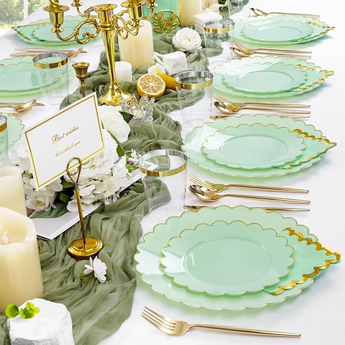 LIYH 210Pcs Gold Trim Sage Green Plastic Plates, Dinnerware Set - Image 9