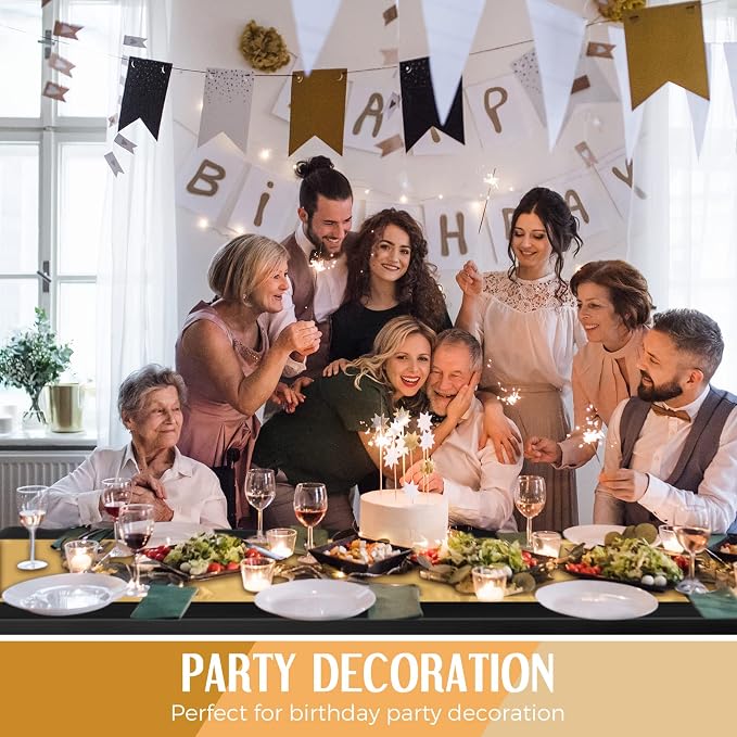 24 Packs Black and Gold Disposable Plastic Tablecloths and Satin Table Runner - Image 6