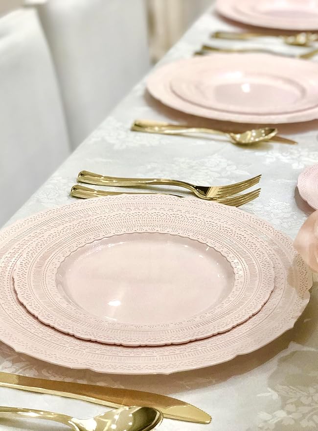 " OCCASIONS " 120 Plates Pack,(60 Guests) Extra Heavyweight Vintage Wedding Disposable/Reusable Plastic Plates 60x11'' Dinner+60 x 8.25'' Salad/Dessert Plate (Chateau Blush Pink)
