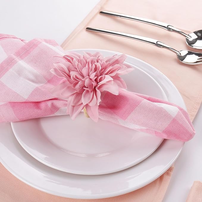 wonlex Farmhouse Flower Napkin Rings Set of 8, Faux Pink Dahlia Napkin Ring - Image 8