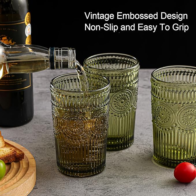 ZMOWIPDL Drinking Glasses Set of 6, 13oz Flower Design Green Glass Cups | - Image 7