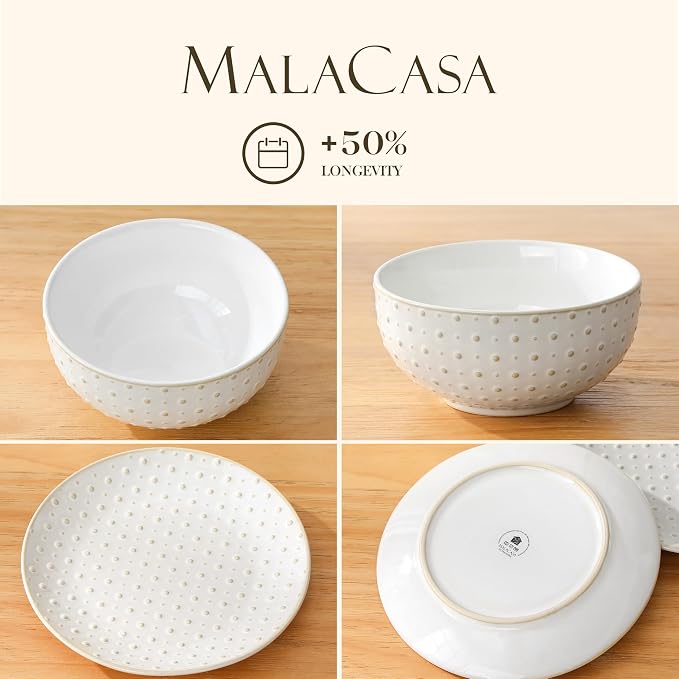 MALACASA 16 Pieces Dinnerware Set, Farmhouse Style Stoneware Plates and Bowls - Image 9