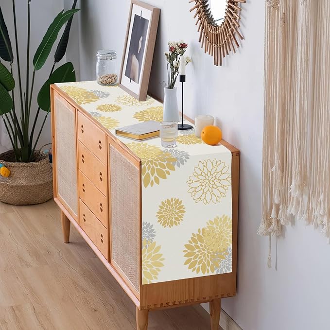 Yellow Gray Table Runner Dahlia Pinnata Flower Beige Table Runners Modern - Image 7
