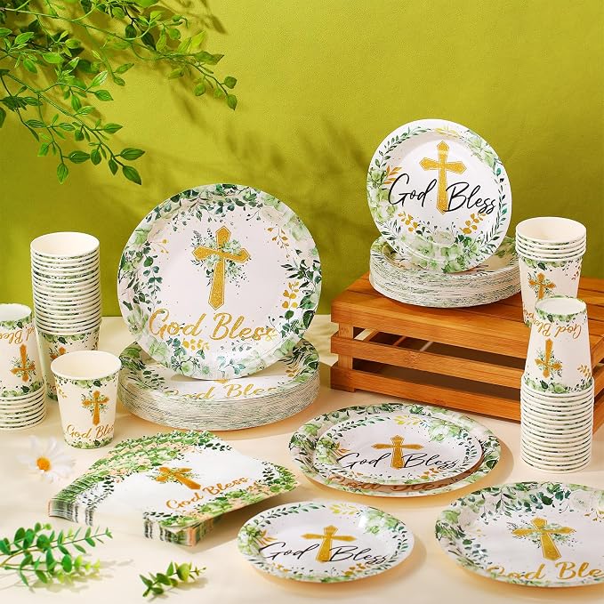 Pickmesh 250 Pcs God Bless Baptism Party Supplies Sage Green Disposable Paper - Image 5