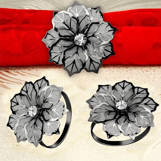 KPOSIYA Flower Napkin Rings Holder Metal Black Napkin Rings Set of 12 - Image 7