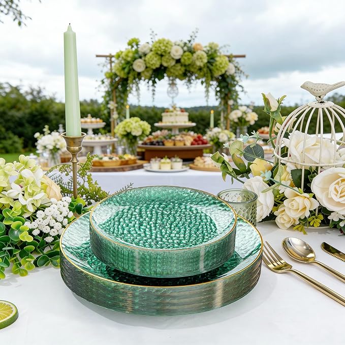 Rubtlamp 60 Green Plastic Plates, Hammered Clear and Gold Disposable Plates - Image 6