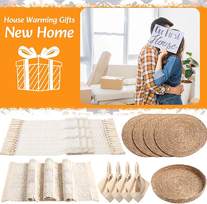 4 Sets Boho Decoration Placemats Round Woven Placemats, Cloth Napkins, Wood - Image 7
