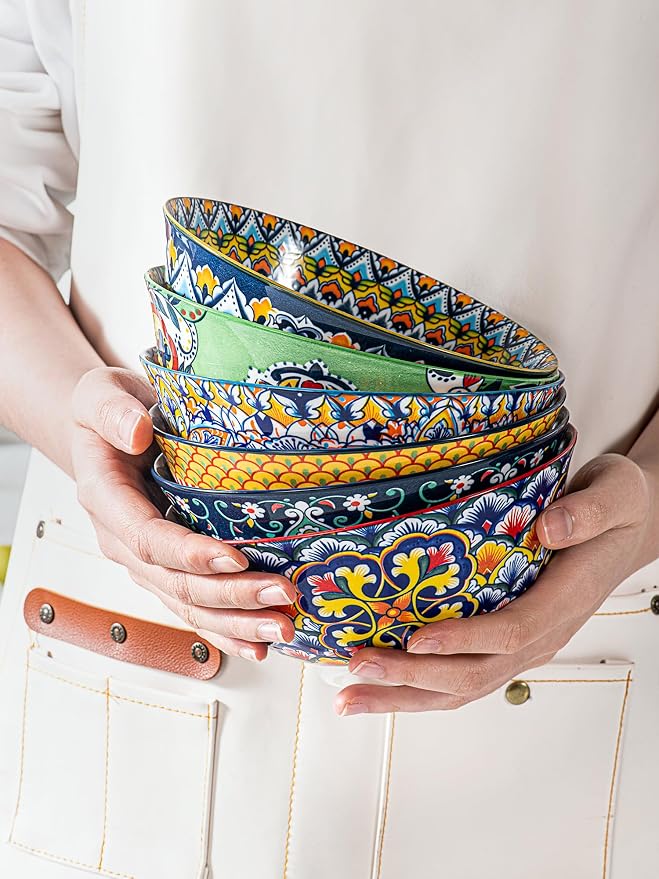 HENXFEN LEAD Boho Ceramic Cereal & Soup Bowls Set of 6, 24 oz | Assorted - Image 8
